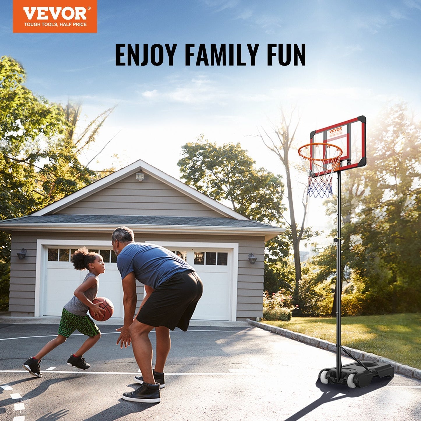 Adjustable Basketball Hoop System, 1.5-2.1m Height, Portable with Wheels