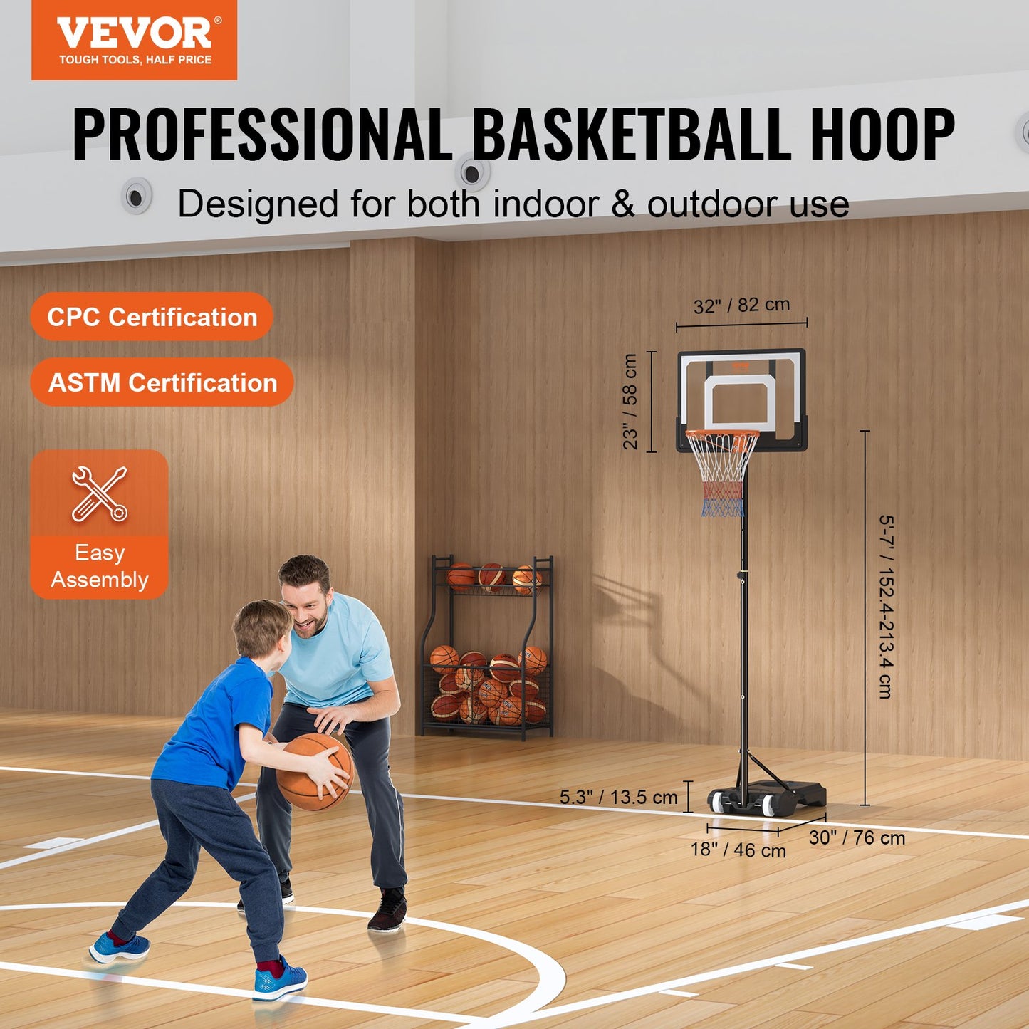 VEVOR Basketball Hoop, 5-7 ft Adjustable Height Portable Backboard System, 32 inch