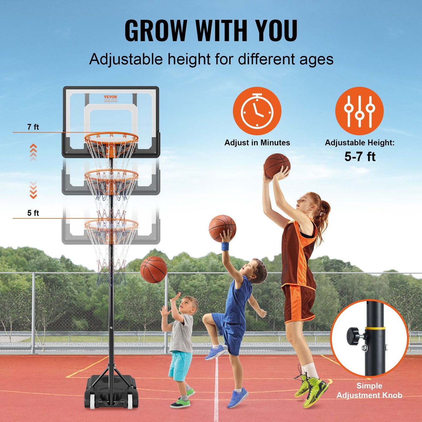 VEVOR Basketball Hoop, 5-7 ft Adjustable Height Portable Backboard System, 32 inch