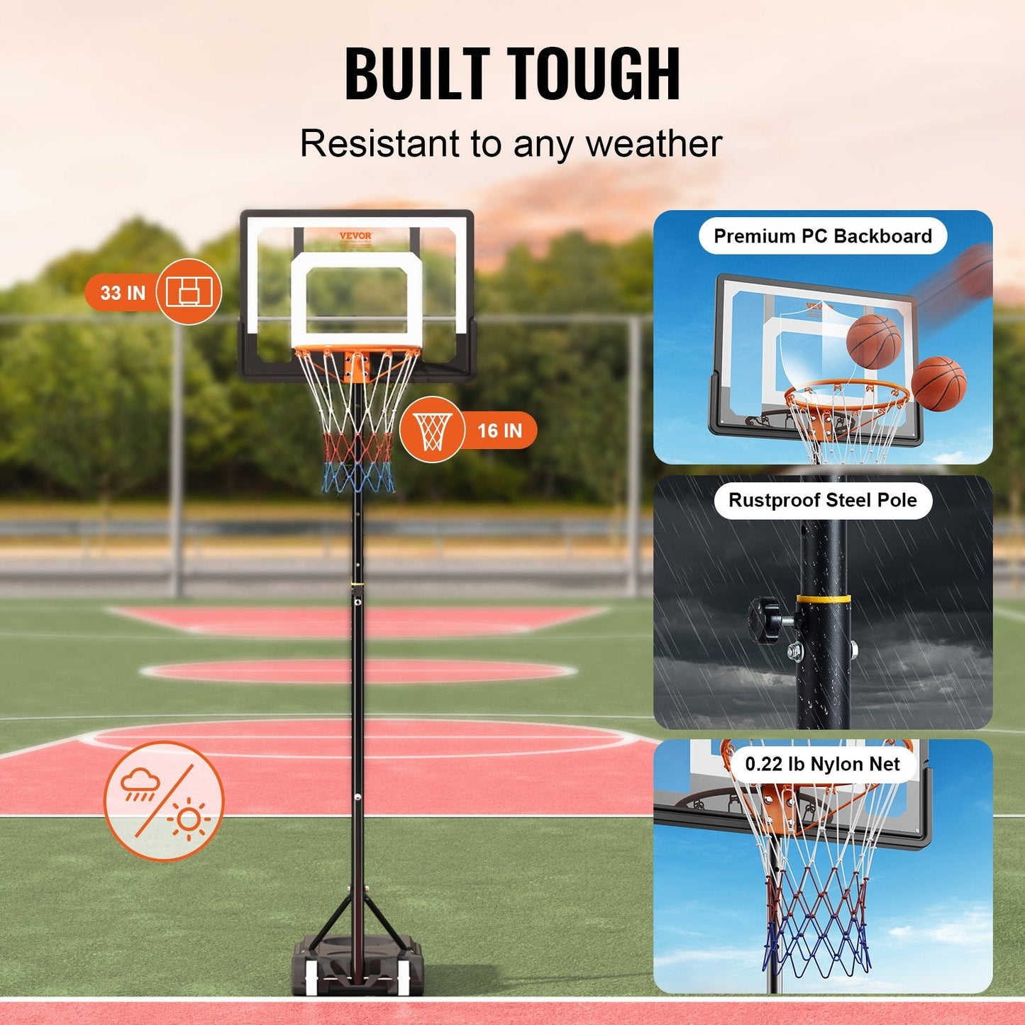 Adjustable Portable Basketball Hoop, 1.5-2.1 m Height, 0.8 m Backboard, Indoor/Outdoor