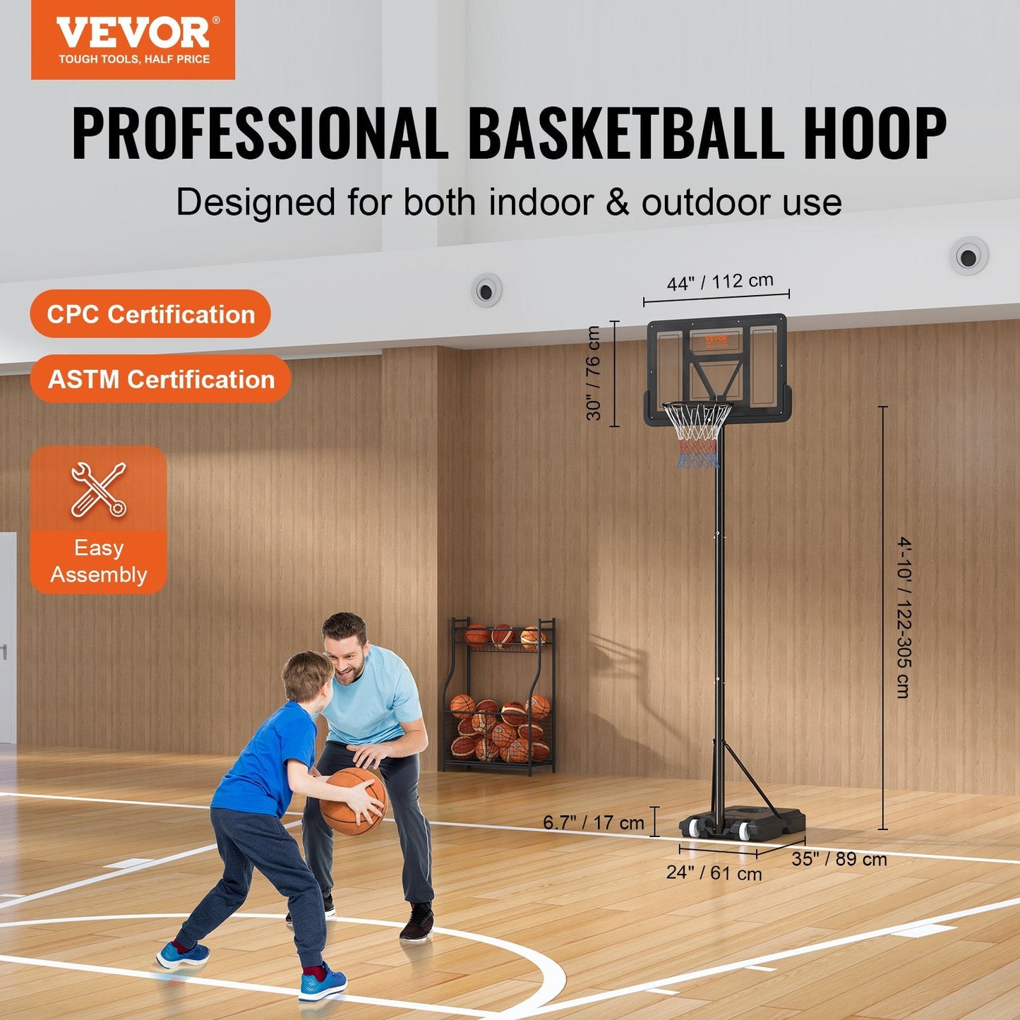 Adjustable Basketball Hoop System, 1.2-3.0 m Height, Portable with Wheels