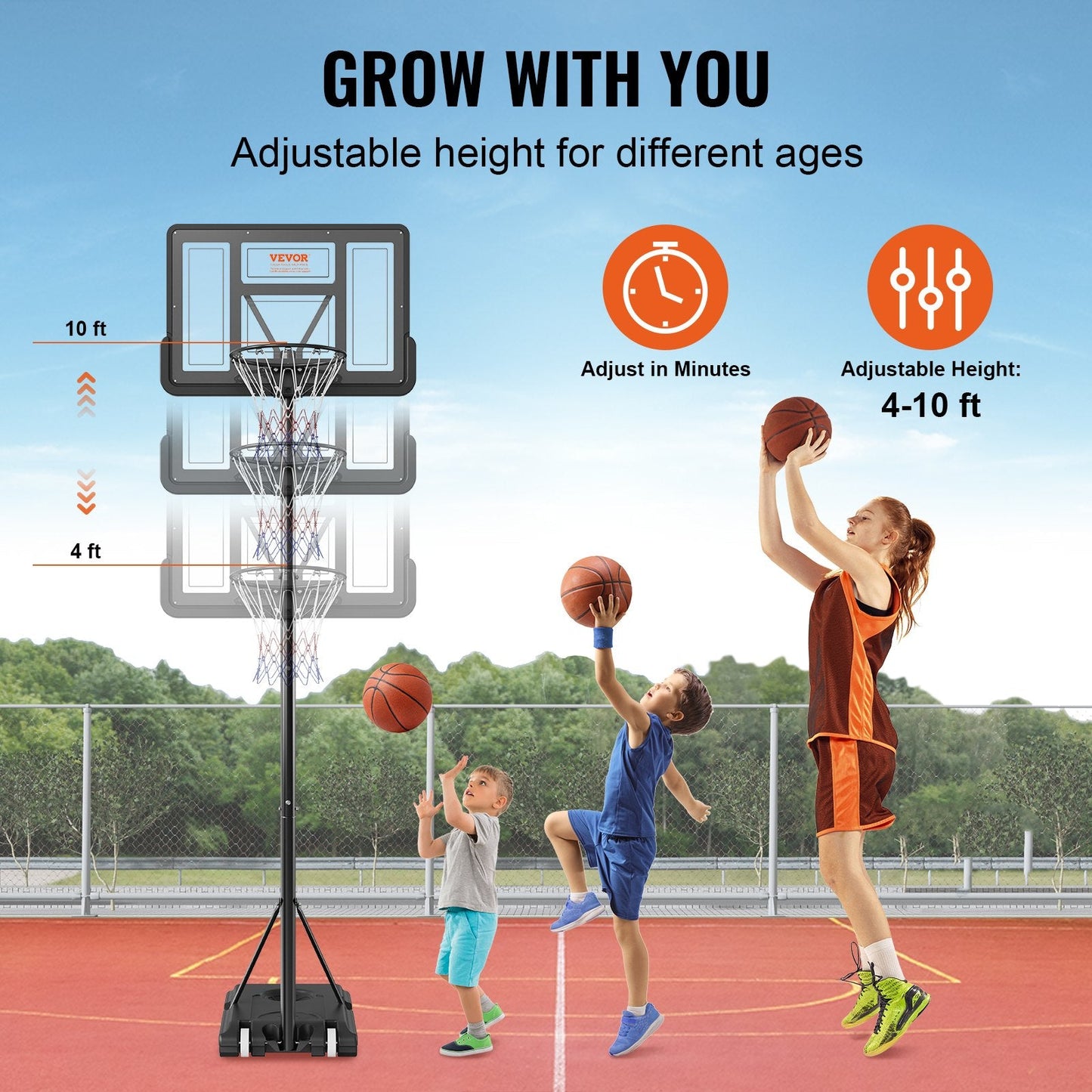 Adjustable Basketball Hoop System, 1.2-3.0 m Height, Portable with Wheels