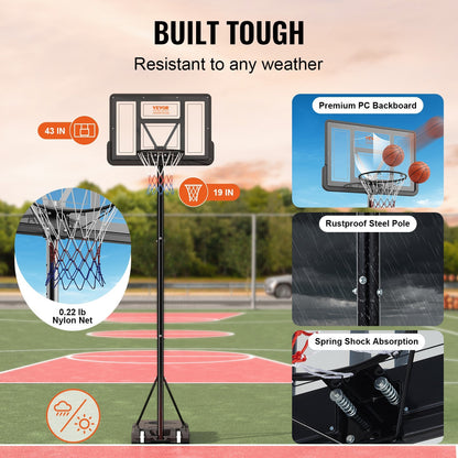 Adjustable Basketball Hoop System, 1.2-3.0 m Height, Portable with Wheels