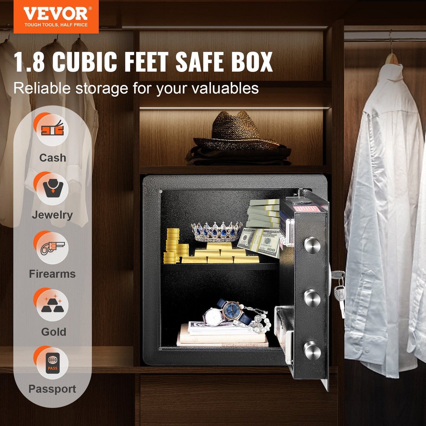 Steel Home Safe with Dual Lock System, 1.8 Cubic Feet, Anti-Prying Design