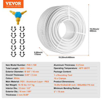 VEVOR PEX-AL-PEX Tube, 100M, 16 mm Diameter Aluminum-Plastic Composite Pipe Oxygen