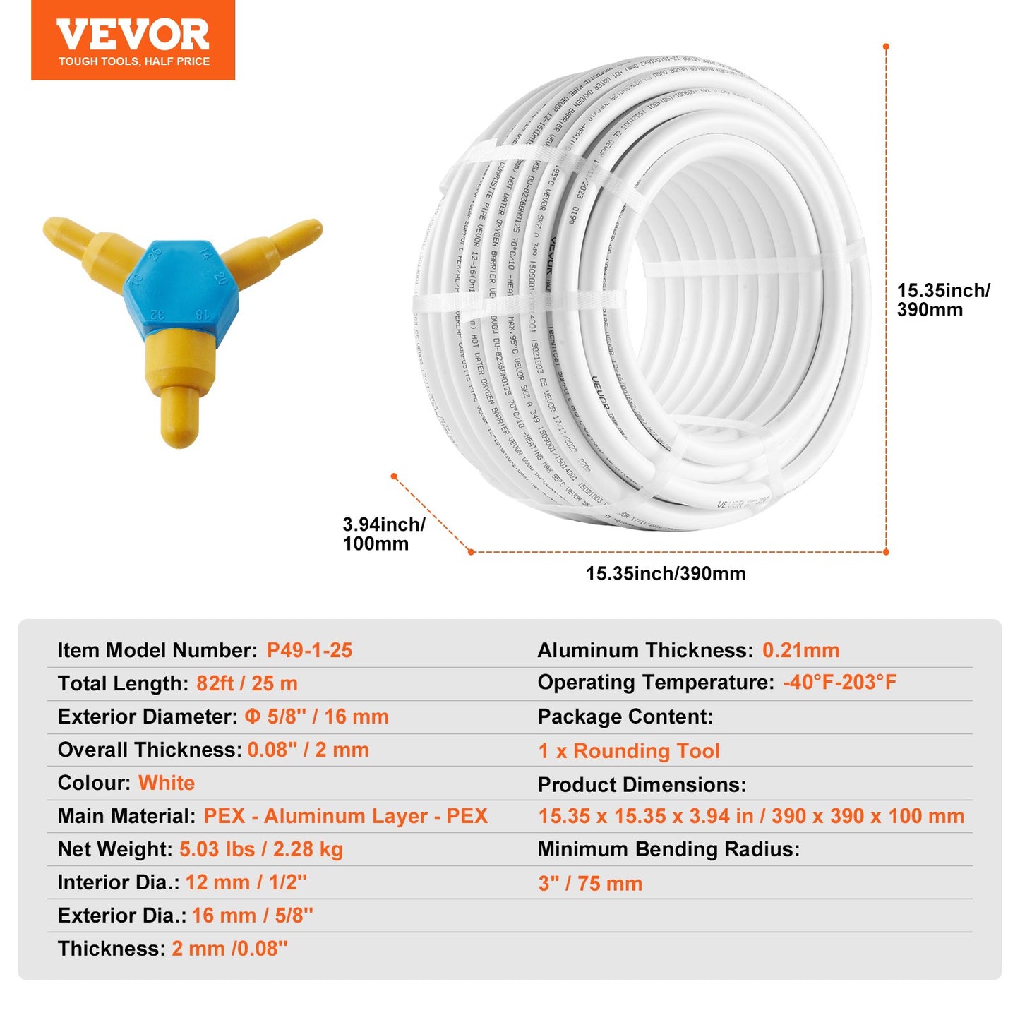 VEVOR PEX-AL-PEX Tube, 25 M, 16 mm Diameter Aluminum-Plastic Composite Pipe Oxygen