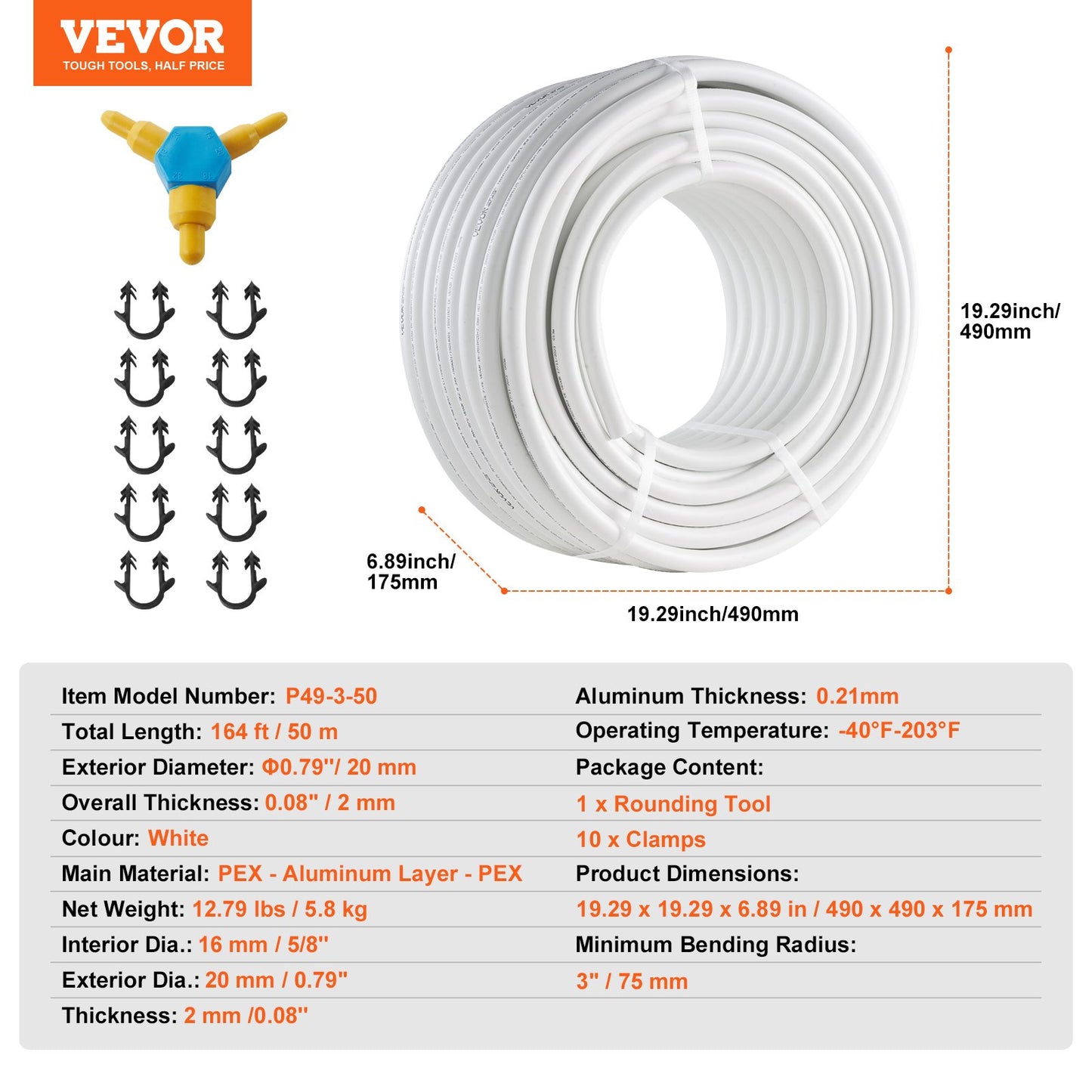 VEVOR PEX-AL-PEX Tube,50M, 20mm Diameter Aluminum-Plastic Composite Pipe Oxygen