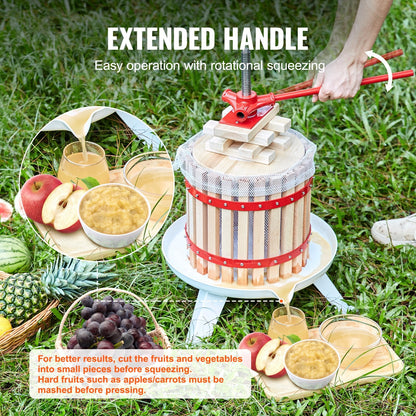 12L Manual Fruit Wine Press - Solid Wood Basket, Easy Juicing for Home Use