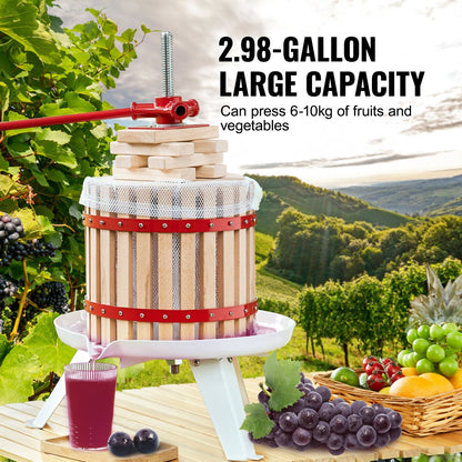 12L Manual Fruit Wine Press - Solid Wood Basket, Easy Juicing for Home Use