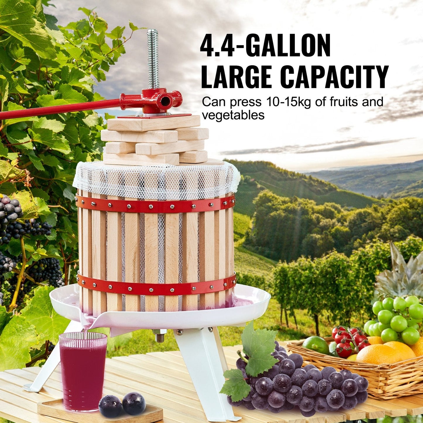 Manual Fruit & Wine Press, 18L Wood Basket, Efficient Juicer for Home Use