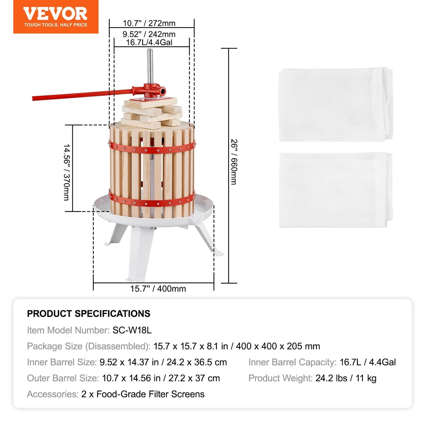Manual Fruit & Wine Press, 18L Wood Basket, Efficient Juicer for Home Use