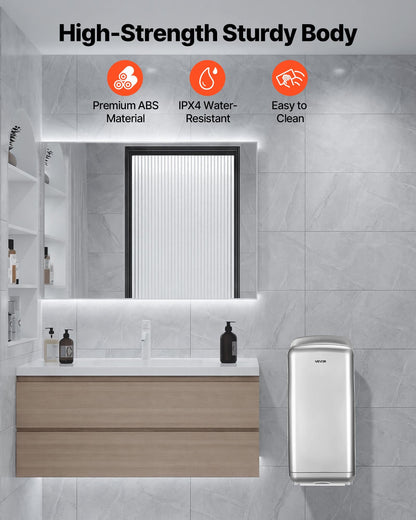 Vertical Hand Dryer, Hand Dryers with HEPA Filter, 19000 RPM High-Speed Motor, Dual-Side Airflow, ABS Sturdy Automatic Air Wall Mount Fast Drying for Commercial Bathrooms Modern Home, Silver