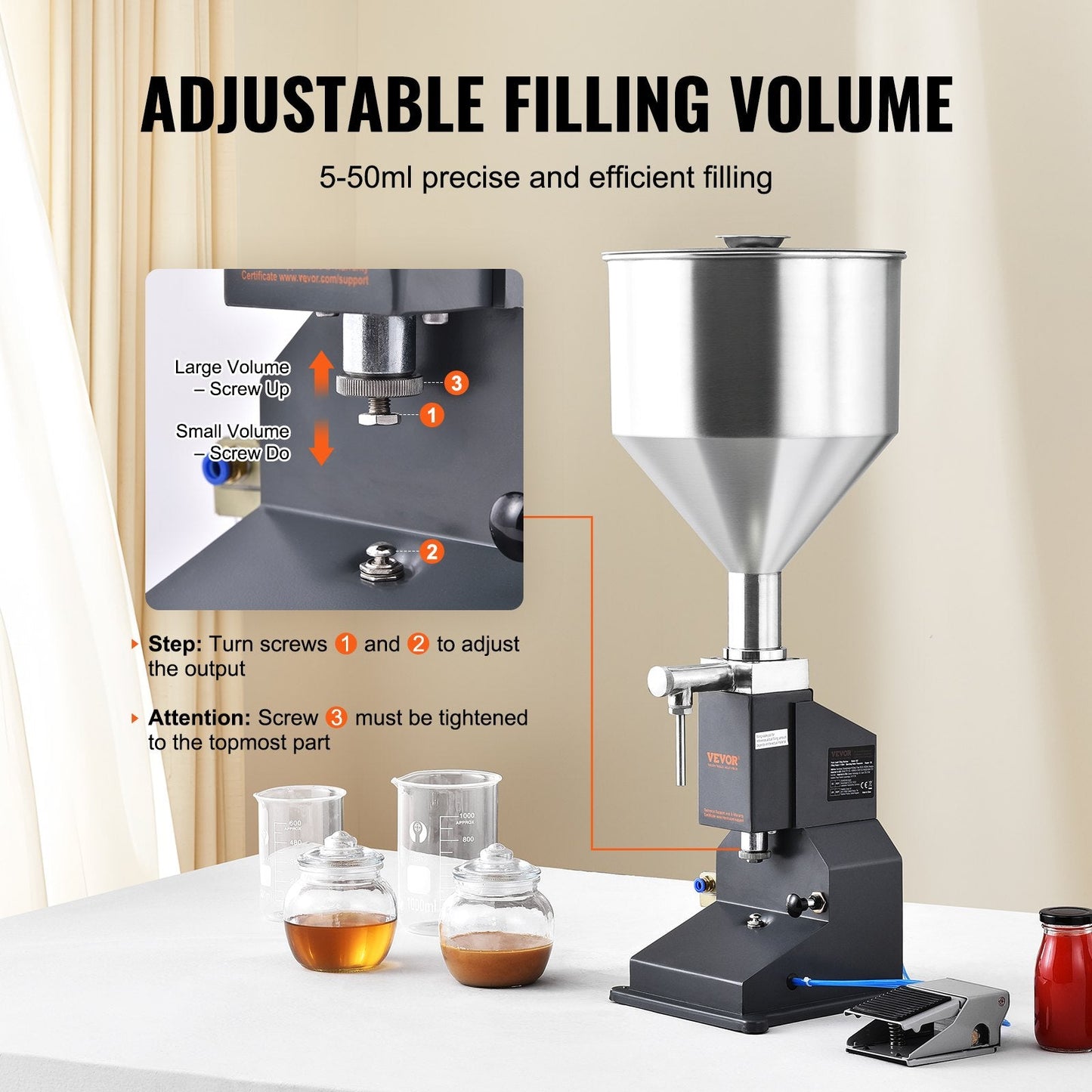 Pneumatic Paste Liquid Filling Machine, 5-50ml, Stainless Steel, Pedal Operated
