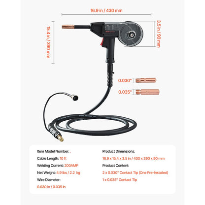 200Amp Spool Gun with 10FT Cable Suitable for 0.030" 0.035" Welding Wires