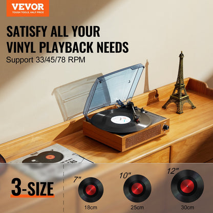 Bluetooth Turntable with Speakers, 3-Speed Vinyl Record Player, Auto Stop