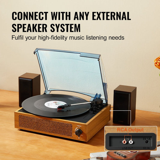Bluetooth Turntable with Speakers, 3-Speed Vinyl Record Player, Auto Stop