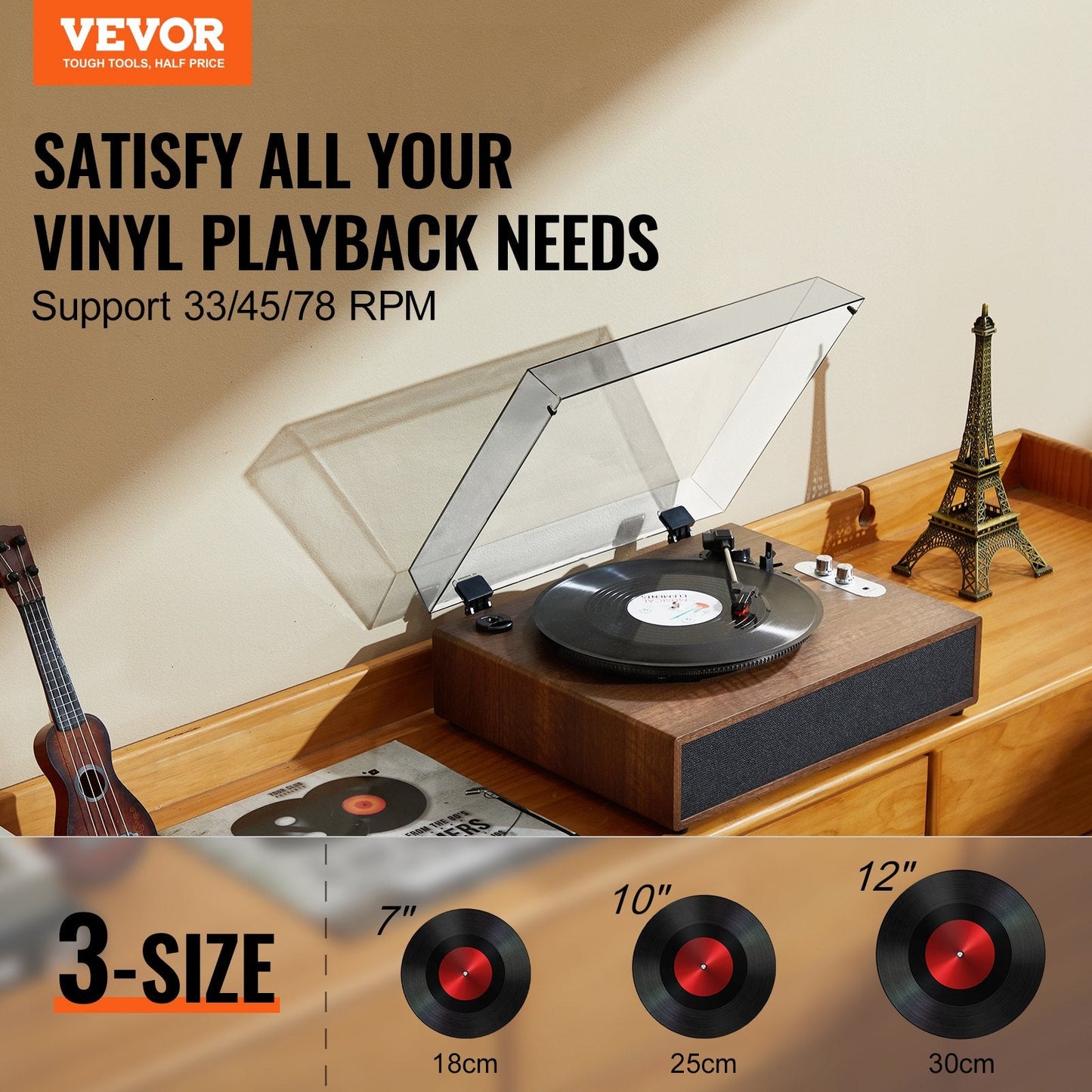 Bluetooth Vinyl Record Player, 3-Speed Turntable with 10W Speakers