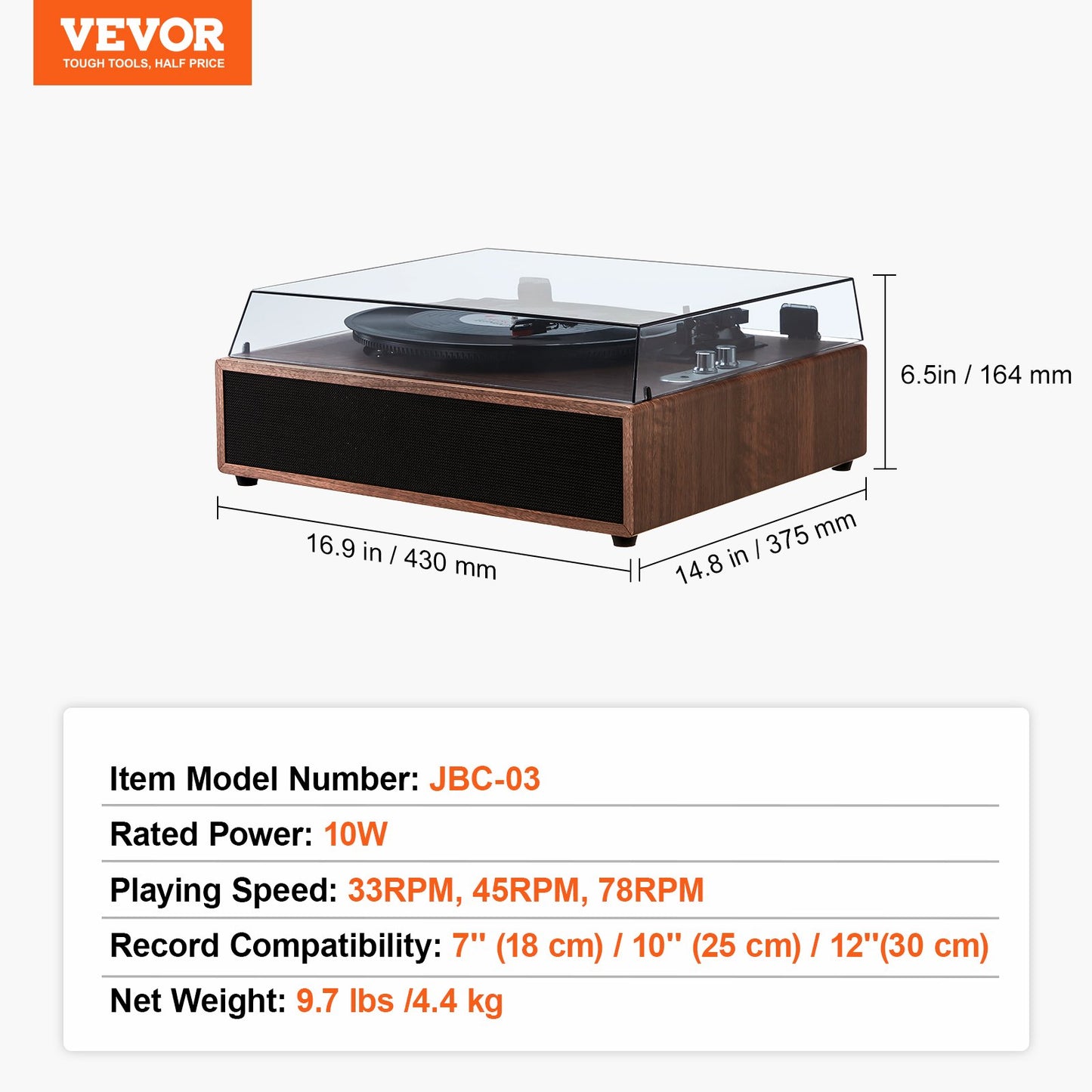 VEVOR Bluetooth Vinyl Record Player 3-Speed Belt Driven Turntable 10W Speakers