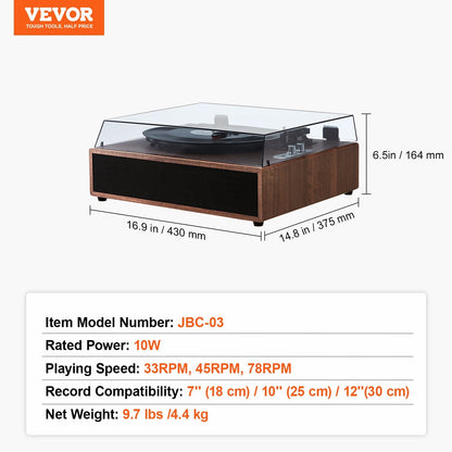 Bluetooth Vinyl Record Player, 3-Speed Turntable with 10W Speakers