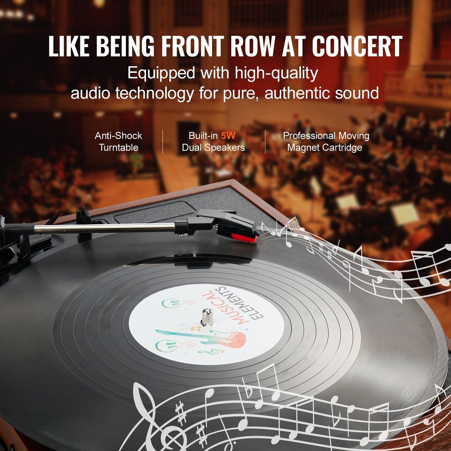 Bluetooth Vinyl Record Player with 3-Speed Turntable and 5W Speakers