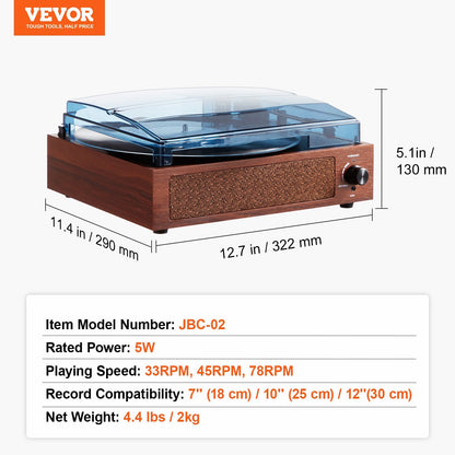 Bluetooth Vinyl Record Player with 3-Speed Turntable and 5W Speakers