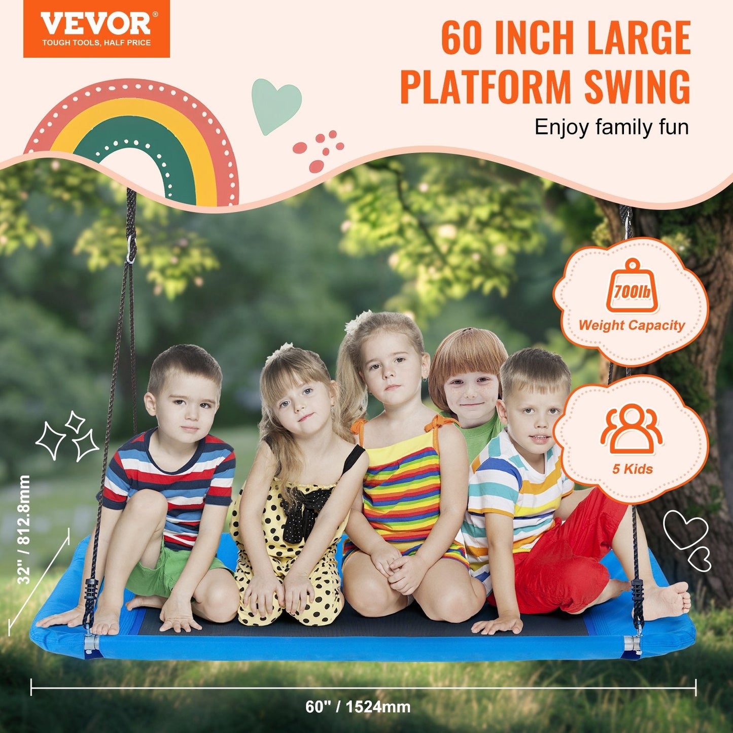 Large Platform Tree Swing for Kids, 1.5m Wide, 317kg Capacity, Easy Installation