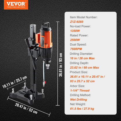 Diamond Core Drill Rig with Stand, 26cm Wet Drill, 3200W, 27.9kg, 750RPM