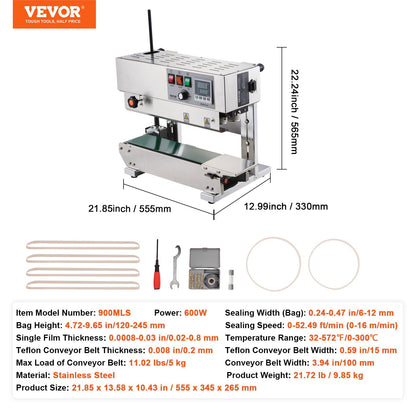 VEVOR Continuous Bag Band Sealing Machine Vertical Band Sealer Stainless Steel
