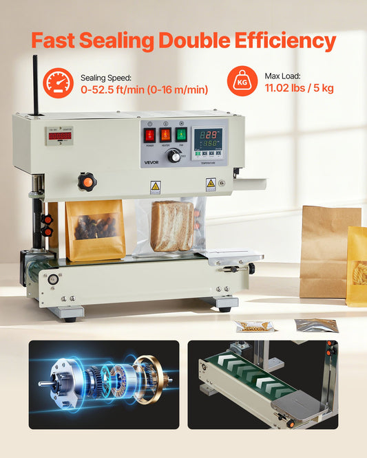 Continuous Bag Band Sealing Machine, 6-12 mm Seal Width, Vertical Band Sealer Machine with Roller Printing , Temp & Speed Adjustable, Commercial Heat Sealer Machine for 0.03-0.8 mm Plastic Bags