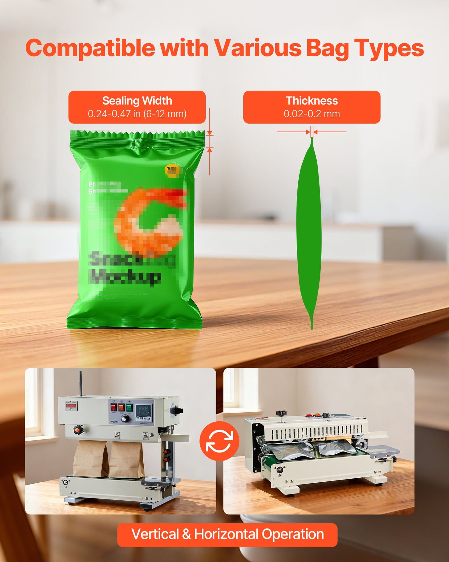 Continuous Bag Band Sealing Machine, 6-12 mm Seal Width, Vertical Band Sealer Machine with Roller Printing , Temp & Speed Adjustable, Commercial Heat Sealer Machine for 0.03-0.8 mm Plastic Bags