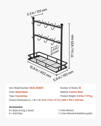 VEVOR Coffee Mug Holder for Countertop 16 Hooks Cup Rack with Storage Base