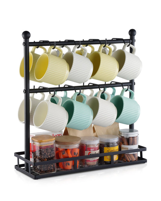 VEVOR Coffee Mug Holder for Countertop 16 Hooks Cup Rack with Storage Base