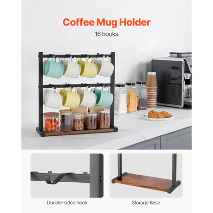 VEVOR Coffee Mug Holder for Countertop 16 Hooks Cup Rack with Wood Storage Base