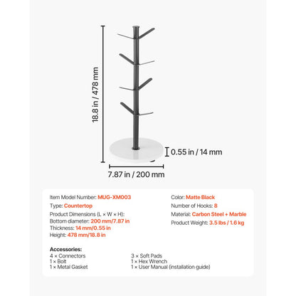 VEVOR Mug Holder Tree with Marble Base 8 Hooks Cup Tree Rack for Counter Kitchen