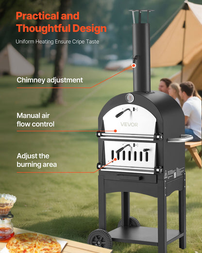 Outdoor Pizza Oven, 12" Pellet Fire Ovens, 2-Layer Pizza Oven Wood Fired, Wood Burning Outdoor Pizza-Oven with 2 Removable Wheels, 1000℉ Max Temperature Fired Pizza-Maker Ovens for Barbecue