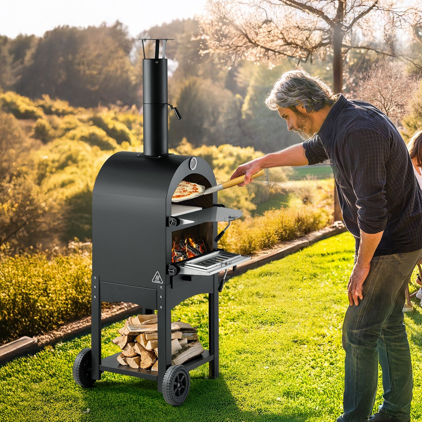 Outdoor Pizza Oven, 12" Pellet Fire Ovens, 2-Layer Pizza Oven Wood Fired, Wood Burning Outdoor Pizza-Oven with 2 Removable Wheels, 1000℉ Max Temperature Fired Pizza-Maker Ovens for Barbecue