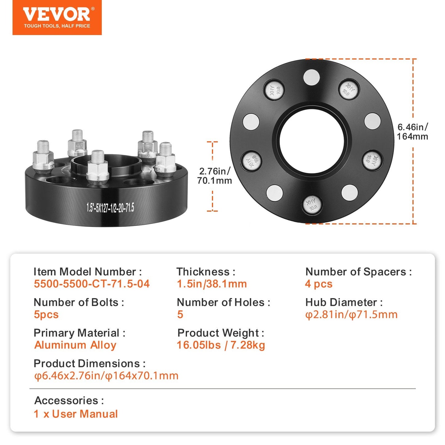 5x5.5 cm Wheel Spacers & Adapters, 5 Lug, 4 PCS, Black, 38.1 mm Thickness