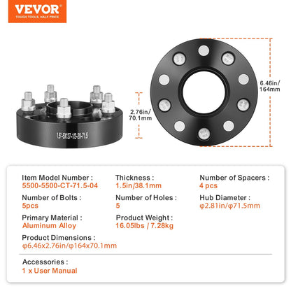 5x5.5 cm Wheel Spacers & Adapters, 5 Lug, 4 PCS, Black, 38.1 mm Thickness