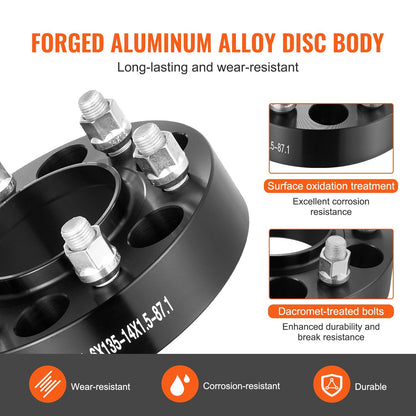 1.5m Wheel Spacers Adapters, 6 Lug Forged, Set of 4, Black, Aluminum Alloy