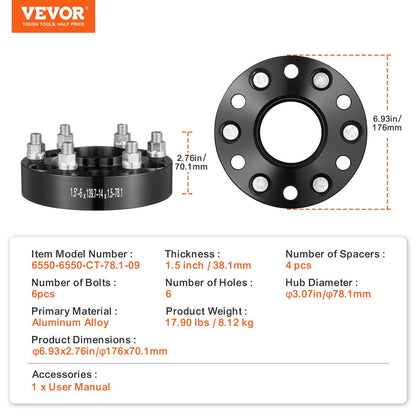 1.5m Wheel Spacers Adapters, 6 Lug, Forged Aluminum, 4 Pack, Black