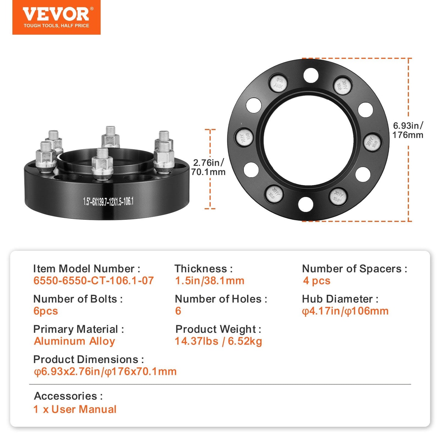 1.5m 6-Lug Forged Wheel Spacers and Adapters, Aluminum Alloy, Set of 4, Black
