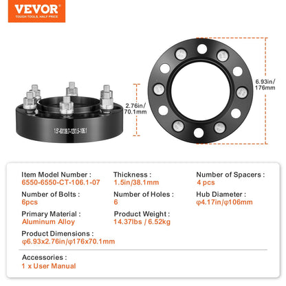 1.5m 6-Lug Forged Wheel Spacers and Adapters, Aluminum Alloy, Set of 4, Black