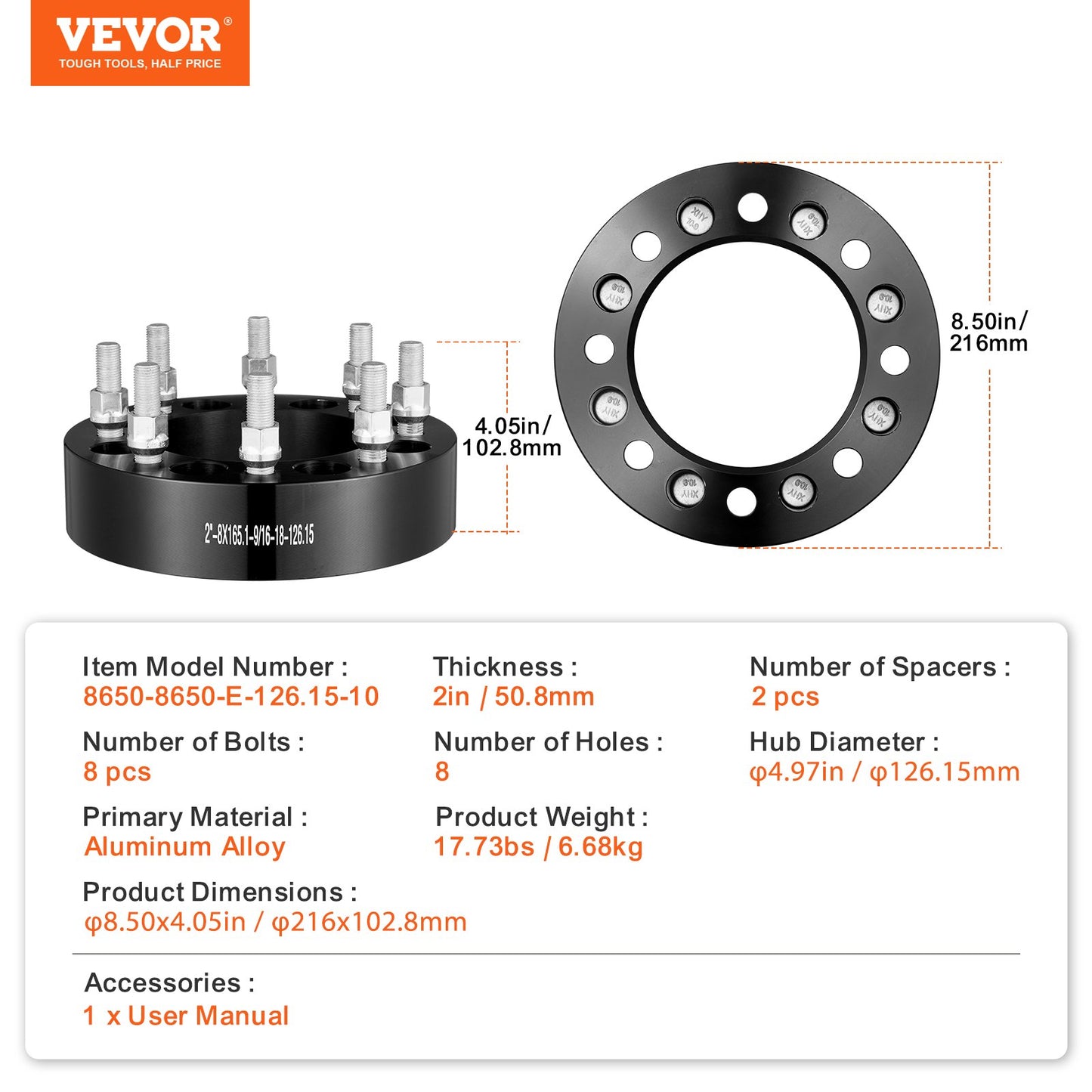 VEVOR 2" 8"x6.5" Wheel Spacers Wheel Adapters 8 Lug Forged Spacer 2 PCS Black