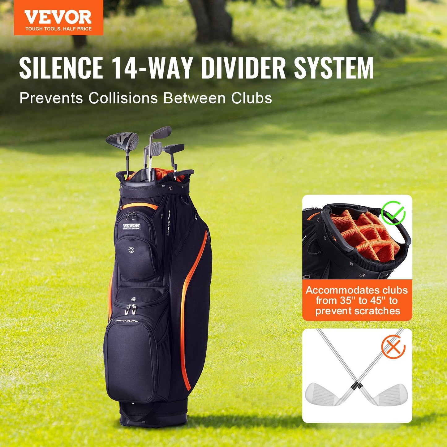 Golf Cart Bag with 14-Way Divider, 0.92m, 13 Pockets, Black & Orange