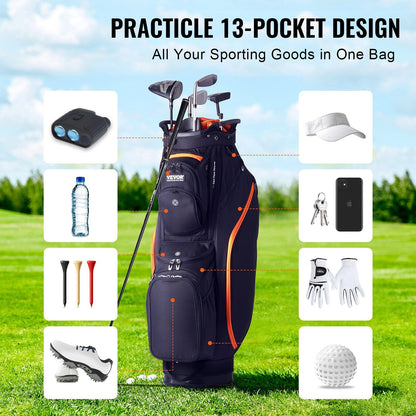 Golf Cart Bag with 14-Way Divider, 0.92m, 13 Pockets, Black & Orange
