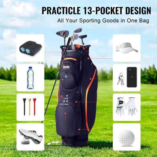 Golf Cart Bag with 14-Way Divider, 0.92m, 13 Pockets, Black & Orange