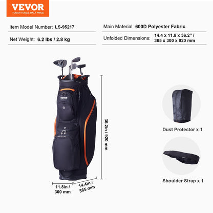Golf Cart Bag with 14-Way Divider, 0.92m, 13 Pockets, Black & Orange