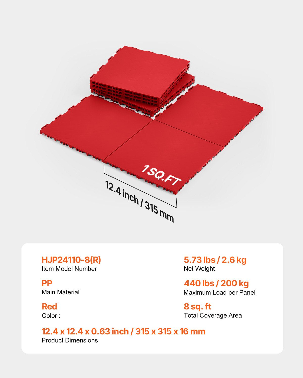 Gym Flooring Set 8 PCS Interlocking PP Puzzle Rubber Tiles Red