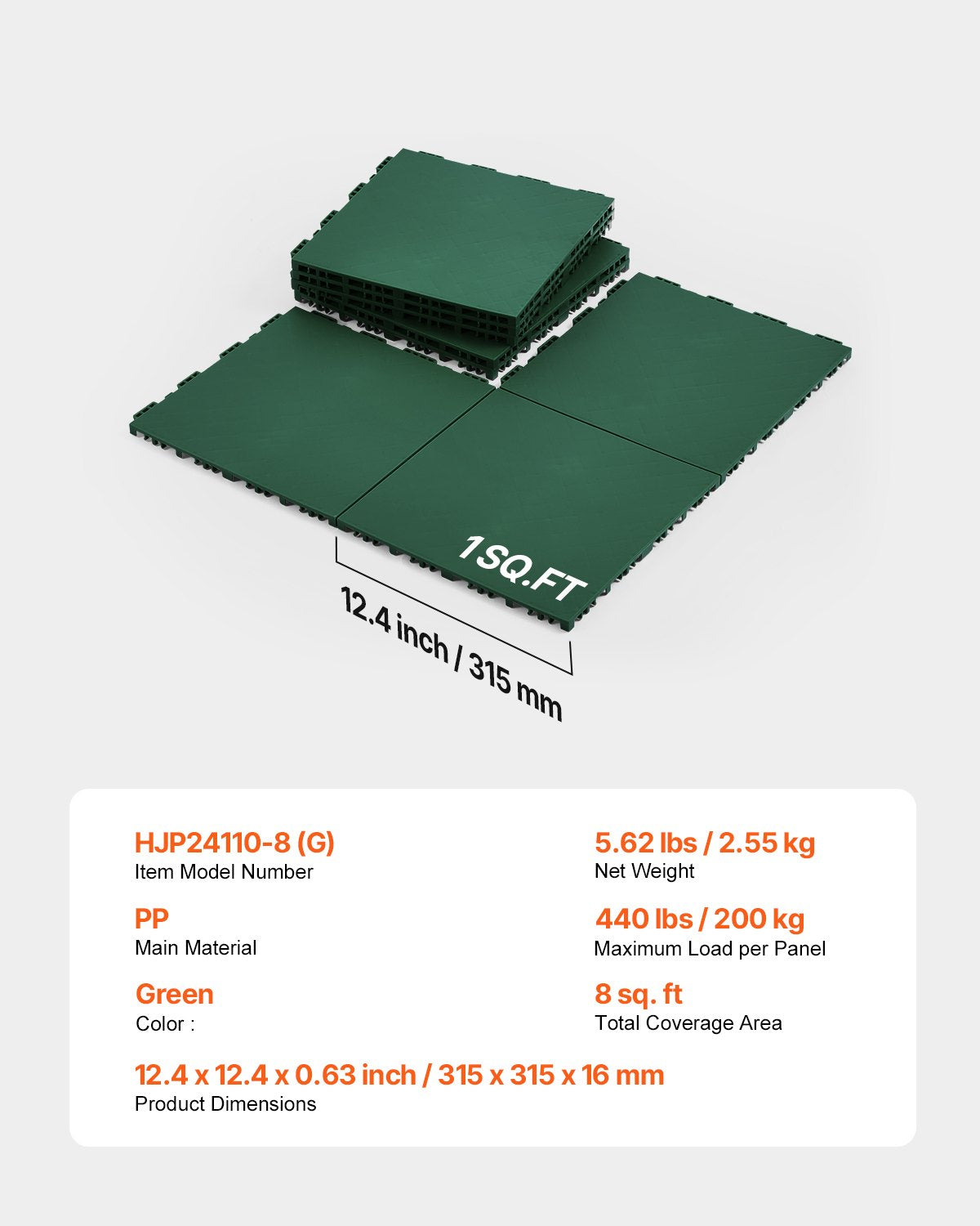 Gym Flooring Set 8 PCS Interlocking PP Puzzle Rubber Tiles Green