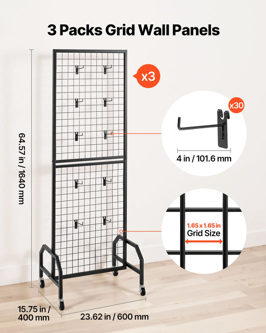 3 Packs Grid Wall Panels, 600 x 1640mm Wire Grid Panels Display Rack, Movable Art Display Shelf with Wheels and 30 Hooks, Black Carbon Steel Gridwall for Craft Show, Decor, Storage, Notice Board